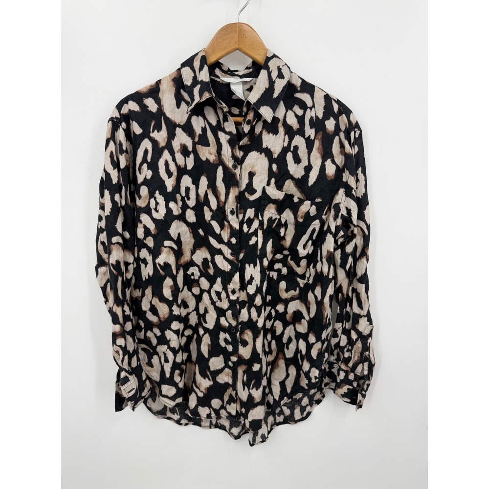 H&M Leopard Print Linen Button Down Shirt Women XS Black Tan Animal Print